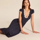 Modinzi Midi dress Women’s Navy Polka Dot Midi Dress – Vintage Lace Trim Deep V-Neck
