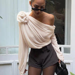 Modinzi tops Beige / 8 (S) Women’s Off-Shoulder Draped Chiffon Blouse – Long Sleeve Floral Accent Top