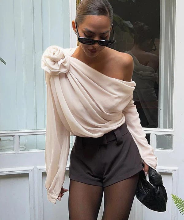 Modinzi tops Beige / 8 (S) Women’s Off-Shoulder Draped Chiffon Blouse – Long Sleeve Floral Accent Top