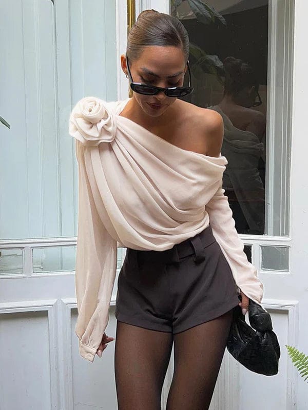 Modinzi tops Beige / 8 (S) Women’s Off-Shoulder Draped Chiffon Blouse – Long Sleeve Floral Accent Top