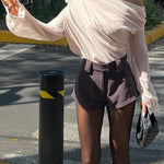 Modinzi tops Women’s Off-Shoulder Draped Chiffon Blouse – Long Sleeve Floral Accent Top