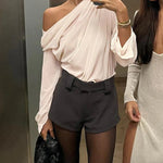 Modinzi tops Women’s Off-Shoulder Draped Chiffon Blouse – Long Sleeve Floral Accent Top