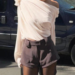 Modinzi tops Women’s Off-Shoulder Draped Chiffon Blouse – Long Sleeve Floral Accent Top