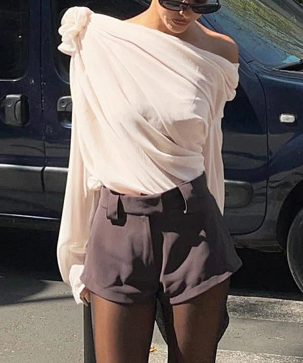 Modinzi tops Women’s Off-Shoulder Draped Chiffon Blouse – Long Sleeve Floral Accent Top