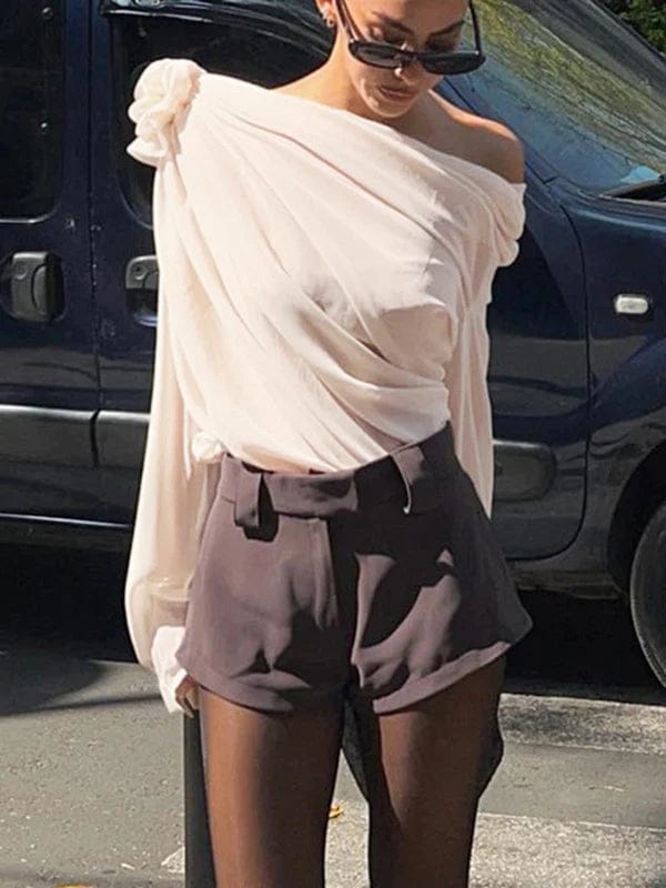 Modinzi tops Women’s Off-Shoulder Draped Chiffon Blouse – Long Sleeve Floral Accent Top