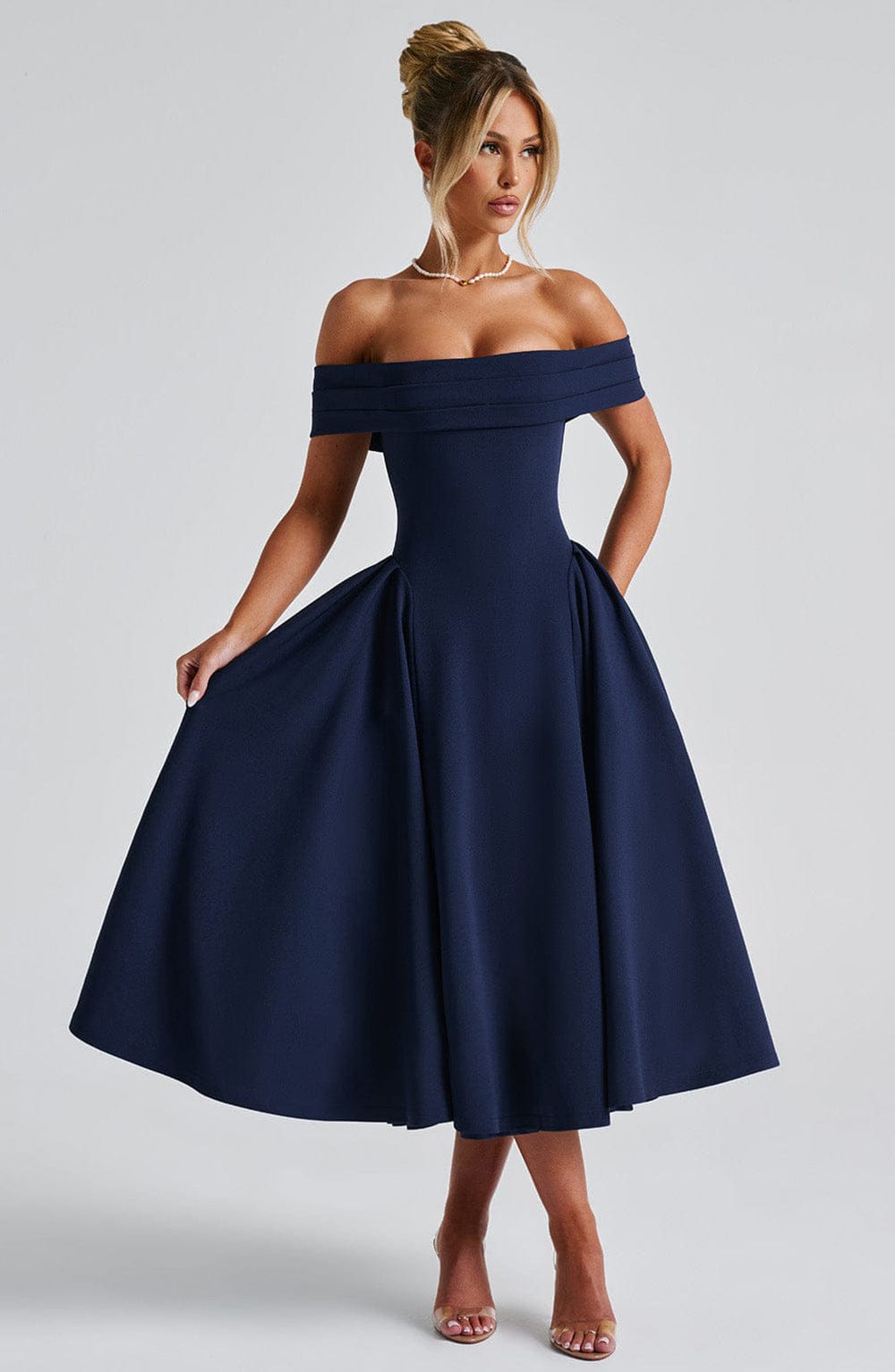 Modinzi Midi dress Navy / 8 (S) Women’s Off Shoulder Formal Midi Dress