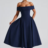 Modinzi Midi dress Navy / 8 (S) Women’s Off Shoulder Formal Midi Dress