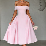 Modinzi Midi dress Pink / 8 (S) Women’s Off Shoulder Formal Midi Dress