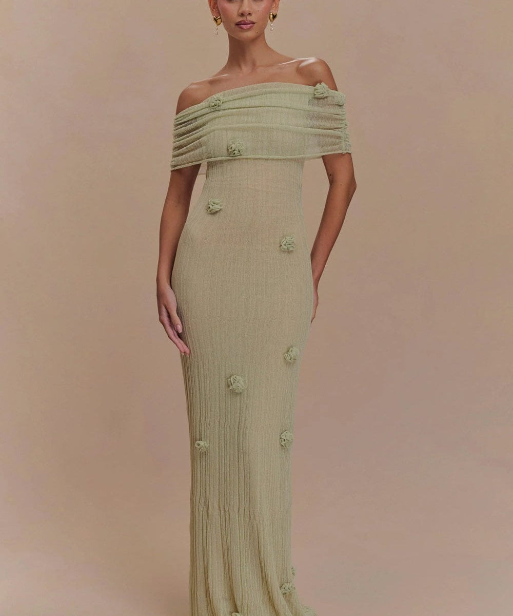 Modinzi Maxi dress Sage Green / 8 (S) Women’s Off-Shoulder Knit Maxi Dress – Floral Textured Evening Gown