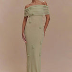 Modinzi Maxi dress Sage Green / 8 (S) Women’s Off-Shoulder Knit Maxi Dress – Floral Textured Evening Gown