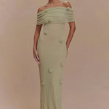 Modinzi Maxi dress Sage Green / 8 (S) Women’s Off-Shoulder Knit Maxi Dress – Floral Textured Evening Gown