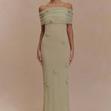 Modinzi Maxi dress Women’s Off-Shoulder Knit Maxi Dress – Floral Textured Evening Gown