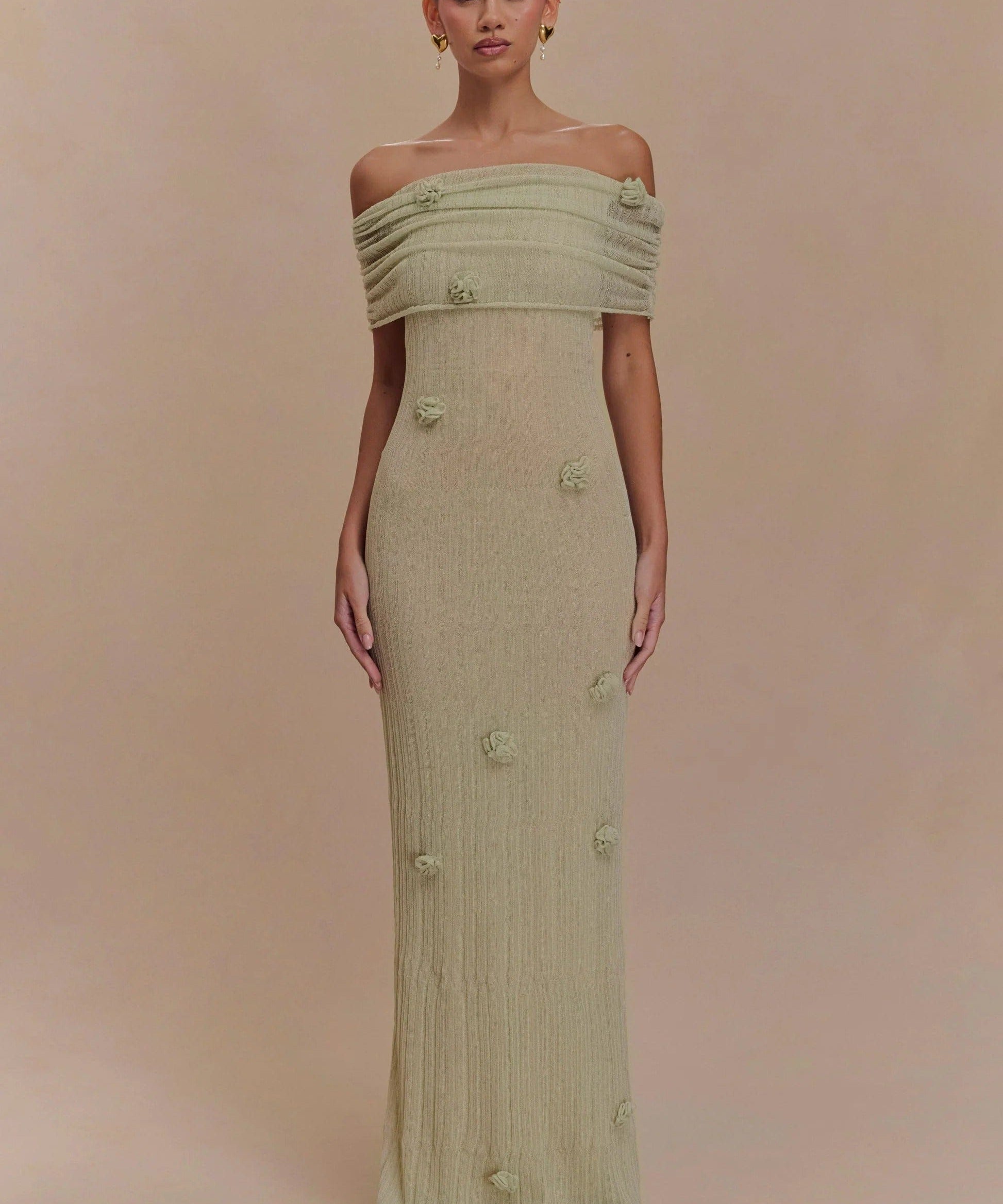 Modinzi Maxi dress Women’s Off-Shoulder Knit Maxi Dress – Floral Textured Evening Gown