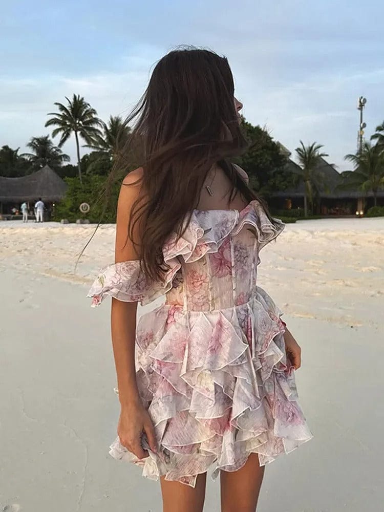 Modinzi Mini Dress Pink / 8 (S) Women’s Off-Shoulder Ruffle Mini Dress – Floral Layered Corset Style