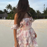 Modinzi Mini Dress Pink / 8 (S) Women’s Off-Shoulder Ruffle Mini Dress – Floral Layered Corset Style