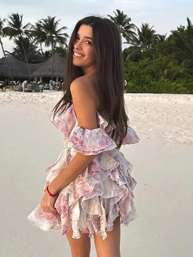 Modinzi Mini Dress Women’s Off-Shoulder Ruffle Mini Dress – Floral Layered Corset Style