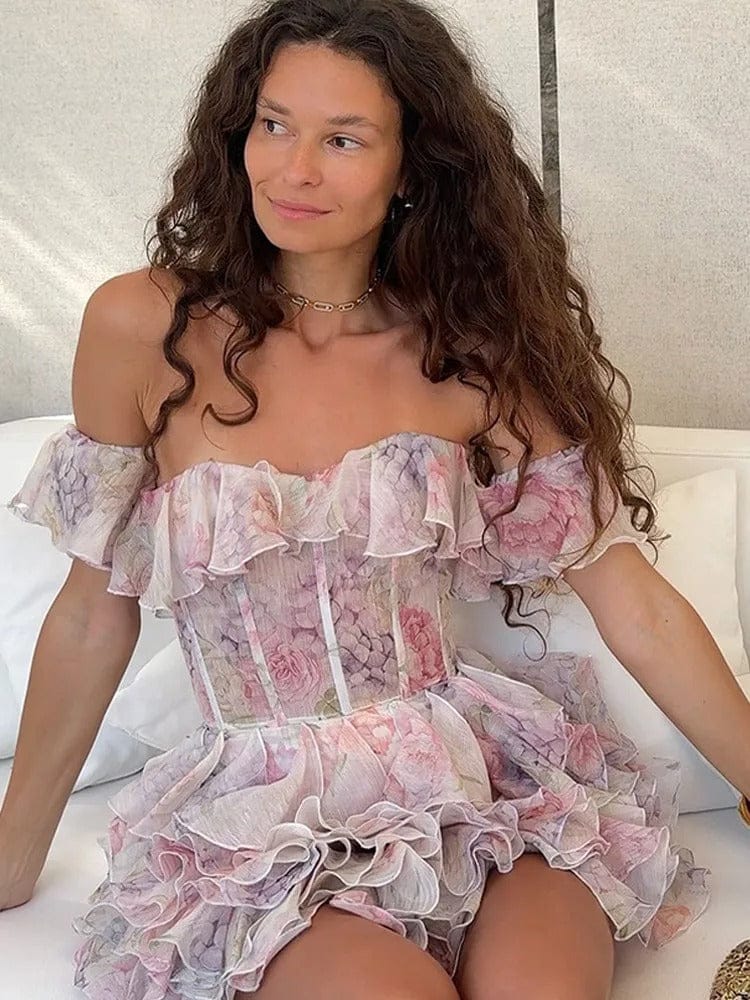 Modinzi Mini Dress Women’s Off-Shoulder Ruffle Mini Dress – Floral Layered Corset Style
