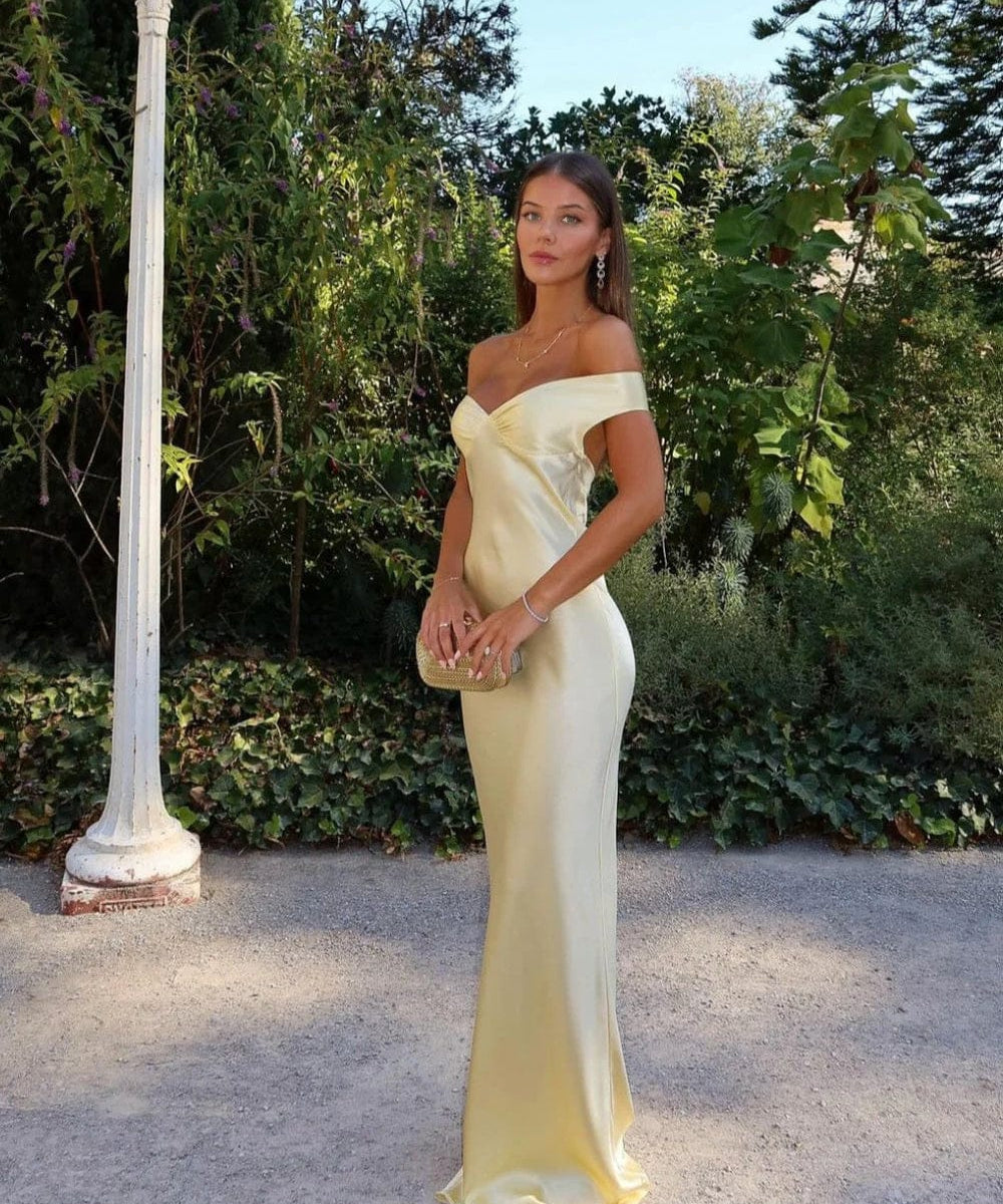 Modinzi Maxi dress Yellow / 8 (S) Women’s Off-Shoulder Satin Maxi Dress