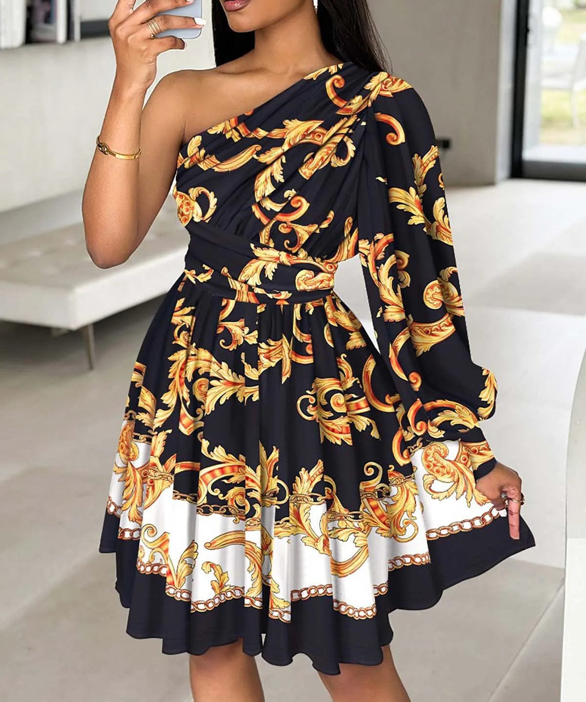 Modinzi Mini Dress black / 8 (S) Women’s One-Shoulder A-Line Mini Dress – Elegant Printed Party Dress