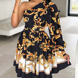 Modinzi Mini Dress black / 8 (S) Women’s One-Shoulder A-Line Mini Dress – Elegant Printed Party Dress