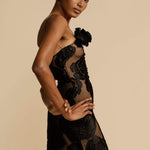 Modinzi Maxi dress Women’s One-Shoulder Black Floral Mesh Maxi Dress – Sheer Evening Gown