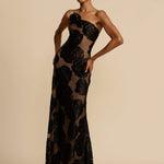 Modinzi Maxi dress Women’s One-Shoulder Black Floral Mesh Maxi Dress – Sheer Evening Gown