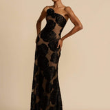 Modinzi Maxi dress Women’s One-Shoulder Black Floral Mesh Maxi Dress – Sheer Evening Gown