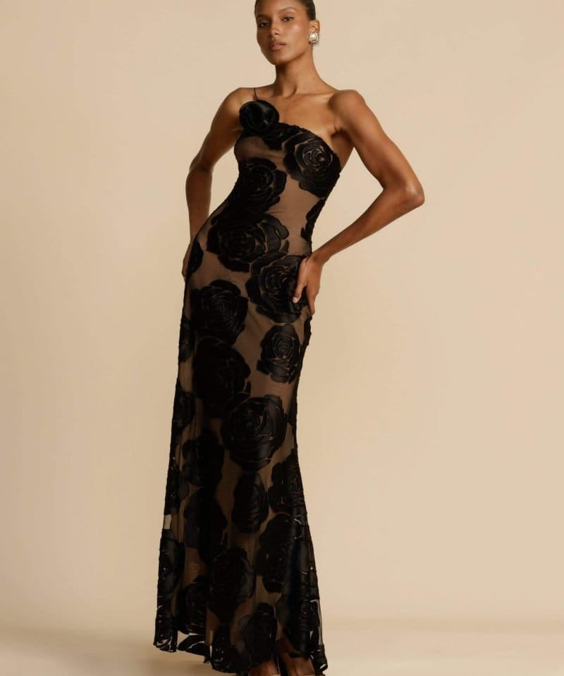 Modinzi Maxi dress Women’s One-Shoulder Black Floral Mesh Maxi Dress – Sheer Evening Gown