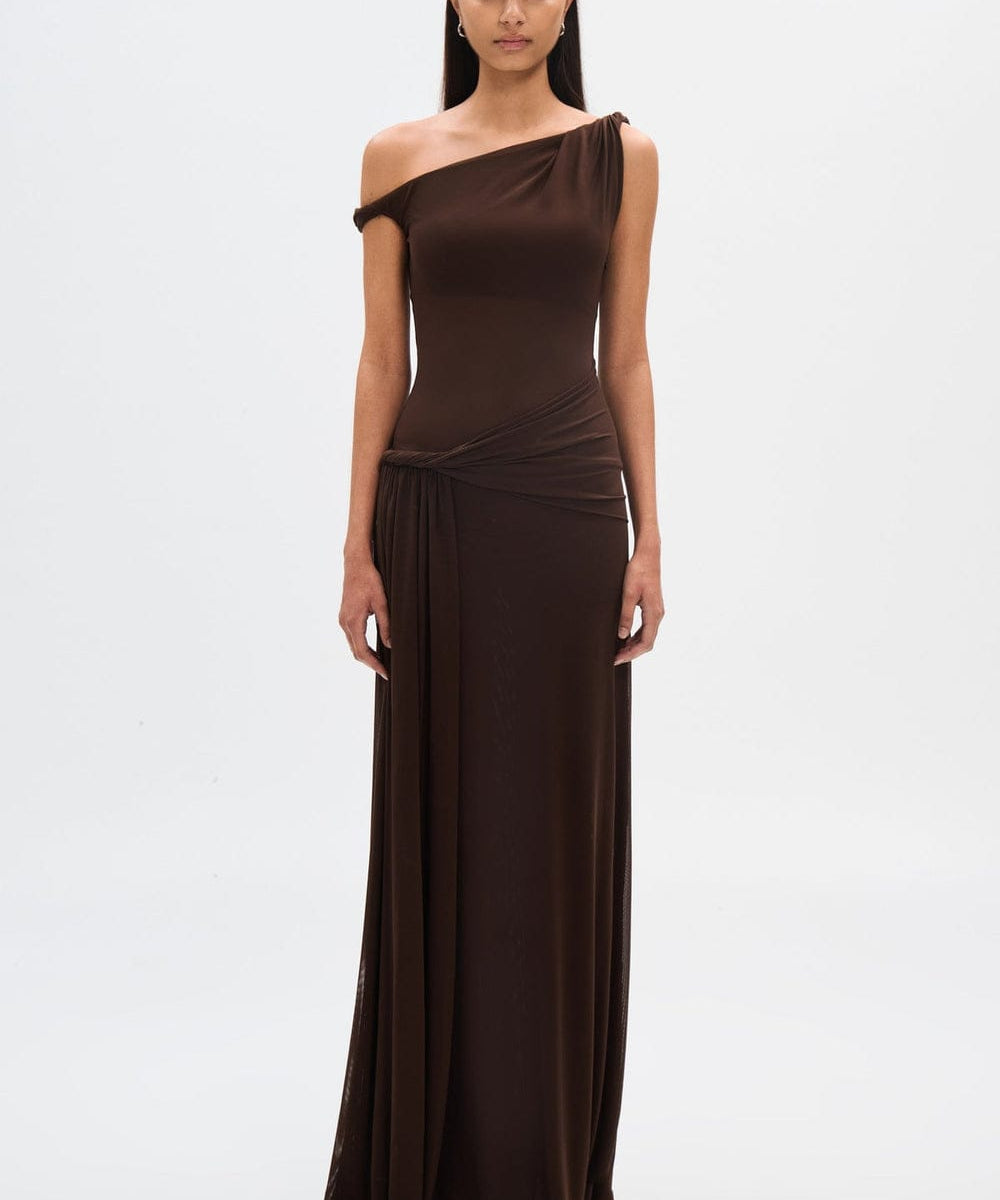 Modinzi Maxi dress Brown / 8 (S) Women’s One-Shoulder Draped Maxi Dress – Elegant Asymmetrical Evening Gown