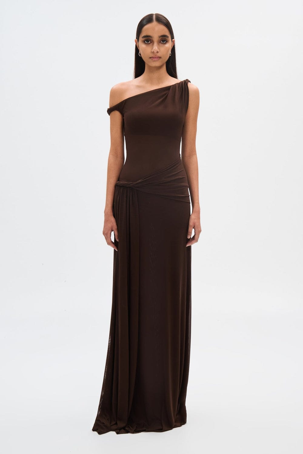 Modinzi Maxi dress Brown / 8 (S) Women’s One-Shoulder Draped Maxi Dress – Elegant Asymmetrical Evening Gown