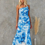 Modinzi Maxi dress Blue / 8 (S) Women’s One-Shoulder Floral Print Midi Dress – High-Low Hem Ruched Design