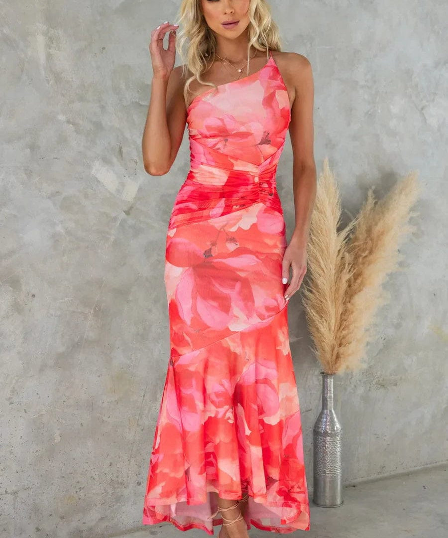 Modinzi Maxi dress Pink / 8 (S) Women’s One-Shoulder Floral Print Midi Dress – High-Low Hem Ruched Design