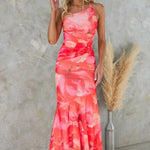 Modinzi Maxi dress Pink / 8 (S) Women’s One-Shoulder Floral Print Midi Dress – High-Low Hem Ruched Design