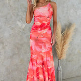 Modinzi Maxi dress Pink / 8 (S) Women’s One-Shoulder Floral Print Midi Dress – High-Low Hem Ruched Design