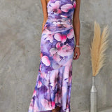 Modinzi Maxi dress Purple / 8 (S) Women’s One-Shoulder Floral Print Midi Dress – High-Low Hem Ruched Design