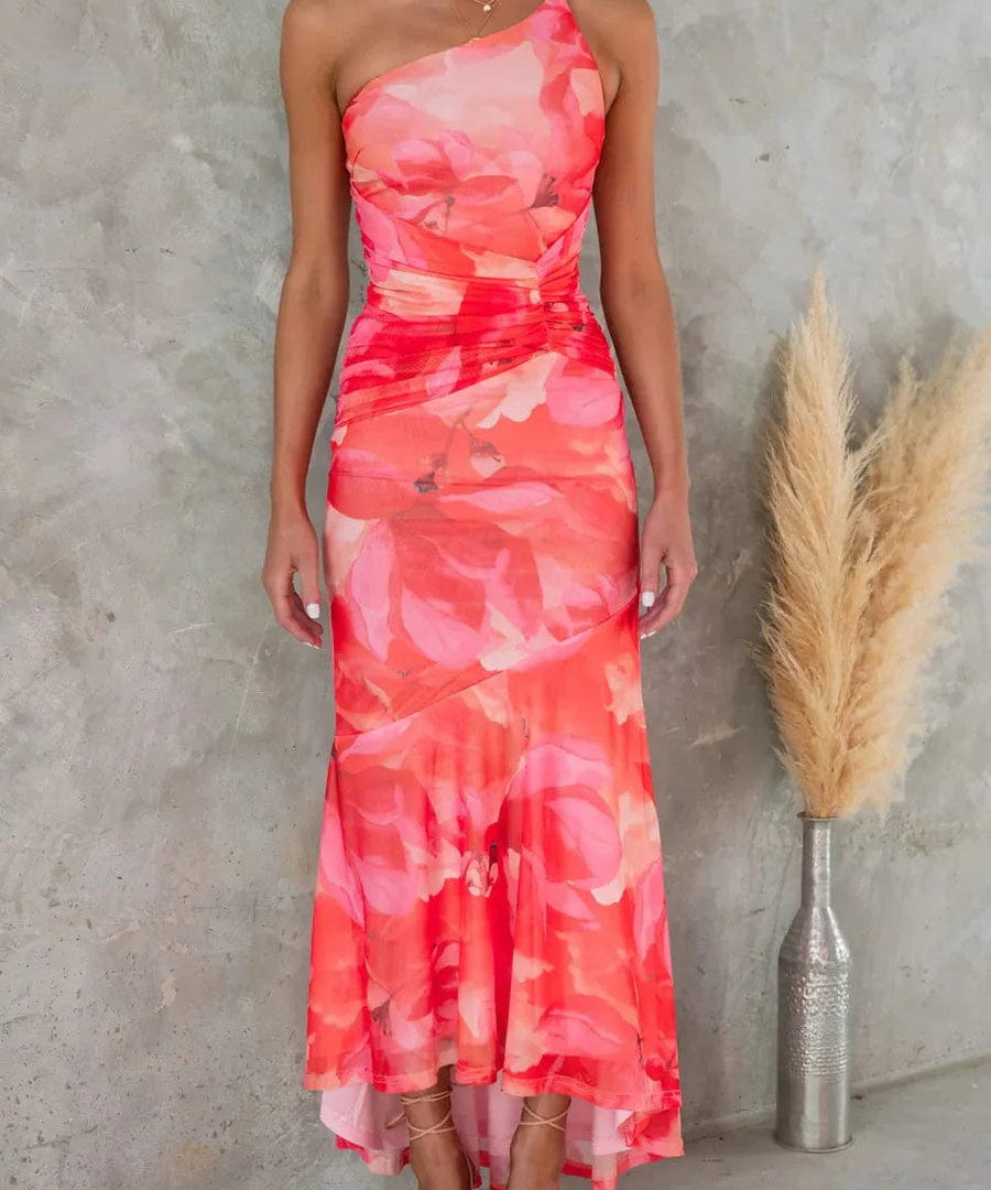 Modinzi Maxi dress Women’s One-Shoulder Floral Print Midi Dress – High-Low Hem Ruched Design