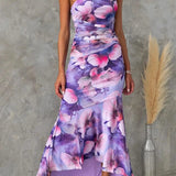 Modinzi Maxi dress Women’s One-Shoulder Floral Print Midi Dress – High-Low Hem Ruched Design