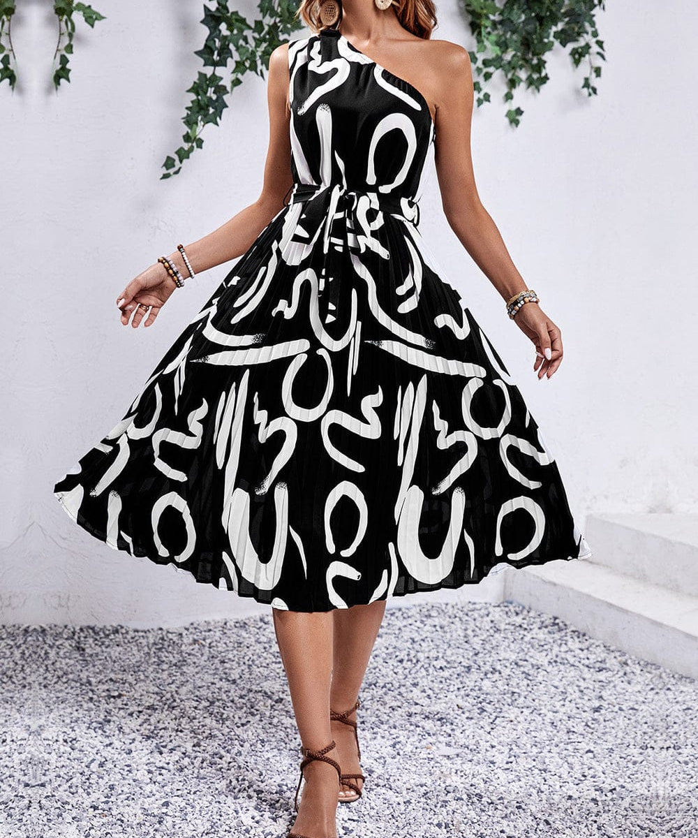Modinzi Midi dress Black / 8 (S) Women’s One-Shoulder Midi Dress – Abstract Print Pleated Belted Design