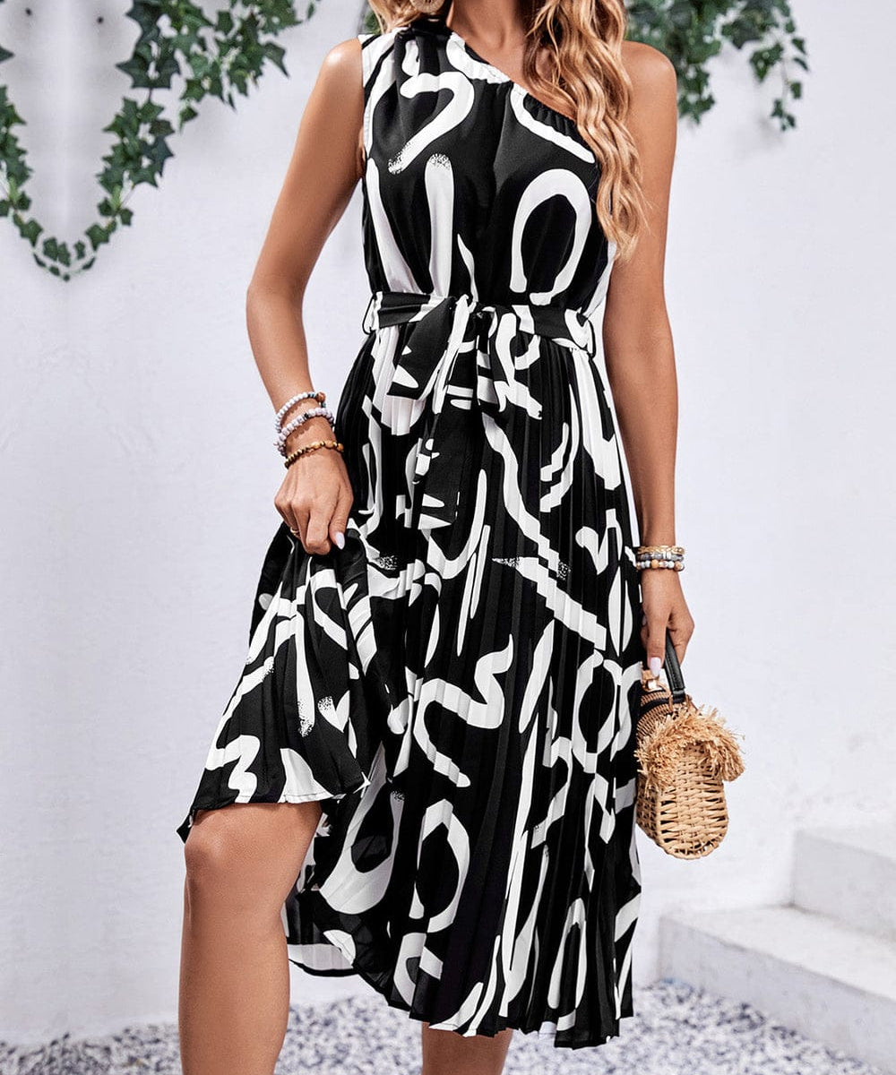 Modinzi Midi dress Women’s One-Shoulder Midi Dress – Abstract Print Pleated Belted Design