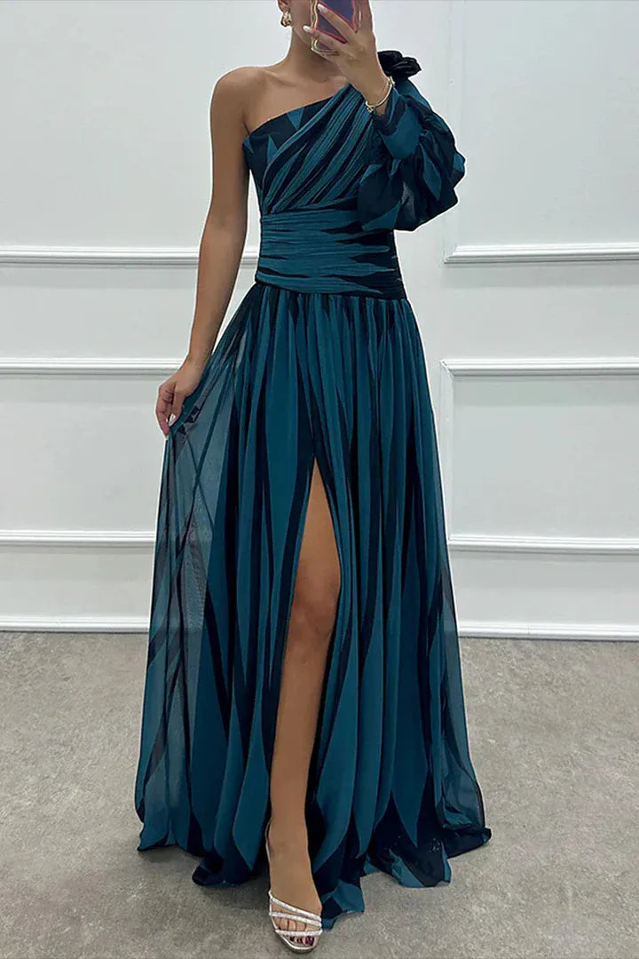 Modinzi Maxi dress Blue / 8 (S) Women’s One-Shoulder Pleated Maxi Dress – Elegant Flowing Evening Gown