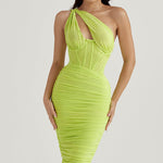 Modinzi Midi dress Bright Green / 6 (XS) Women’s One-Shoulder Ruched Midi Dress – Bodycon Evening Party Dress
