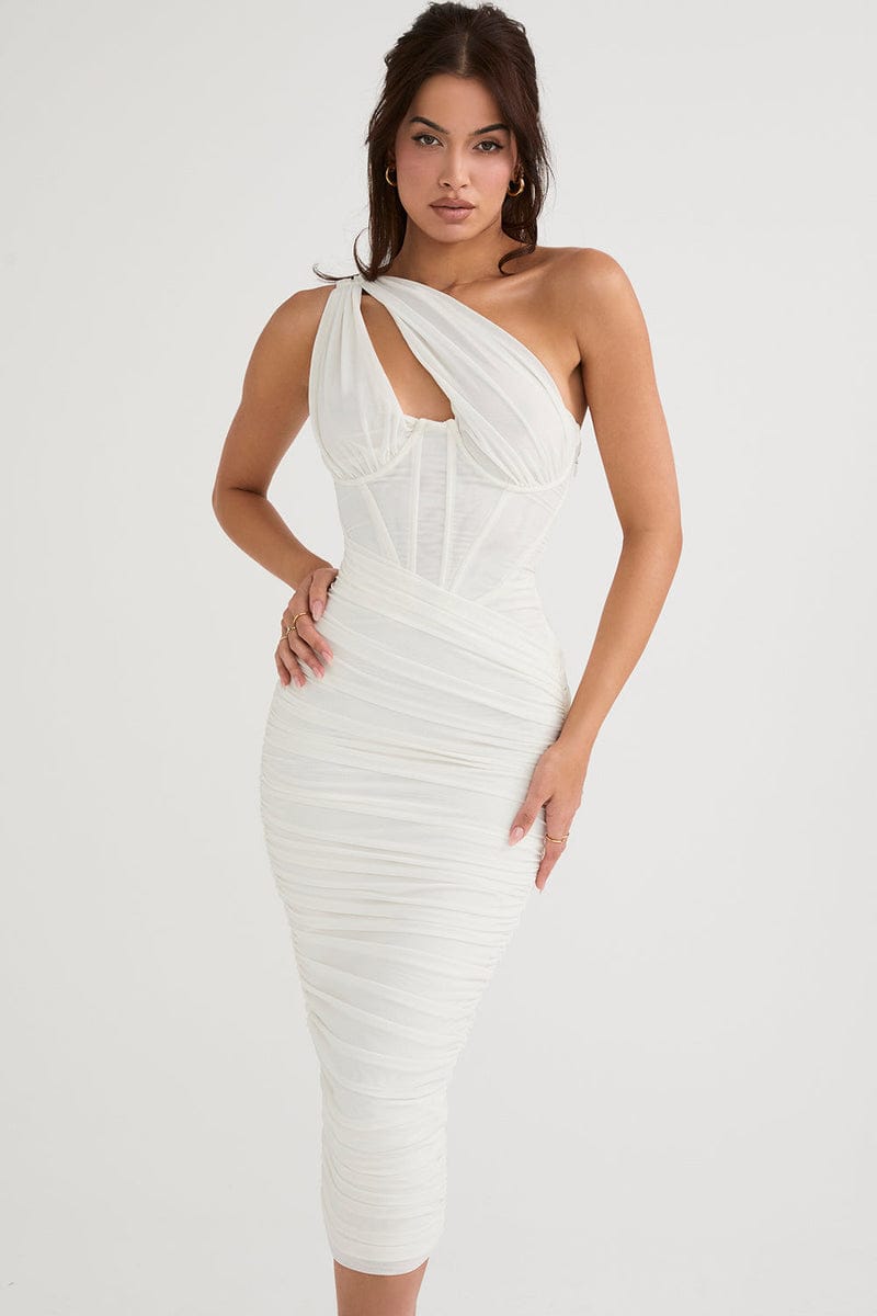 Modinzi Midi dress White / 6 (XS) Women’s One-Shoulder Ruched Midi Dress – Bodycon Evening Party Dress