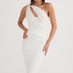 Modinzi Midi dress White / 6 (XS) Women’s One-Shoulder Ruched Midi Dress – Bodycon Evening Party Dress