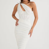 Modinzi Midi dress White / 6 (XS) Women’s One-Shoulder Ruched Midi Dress – Bodycon Evening Party Dress