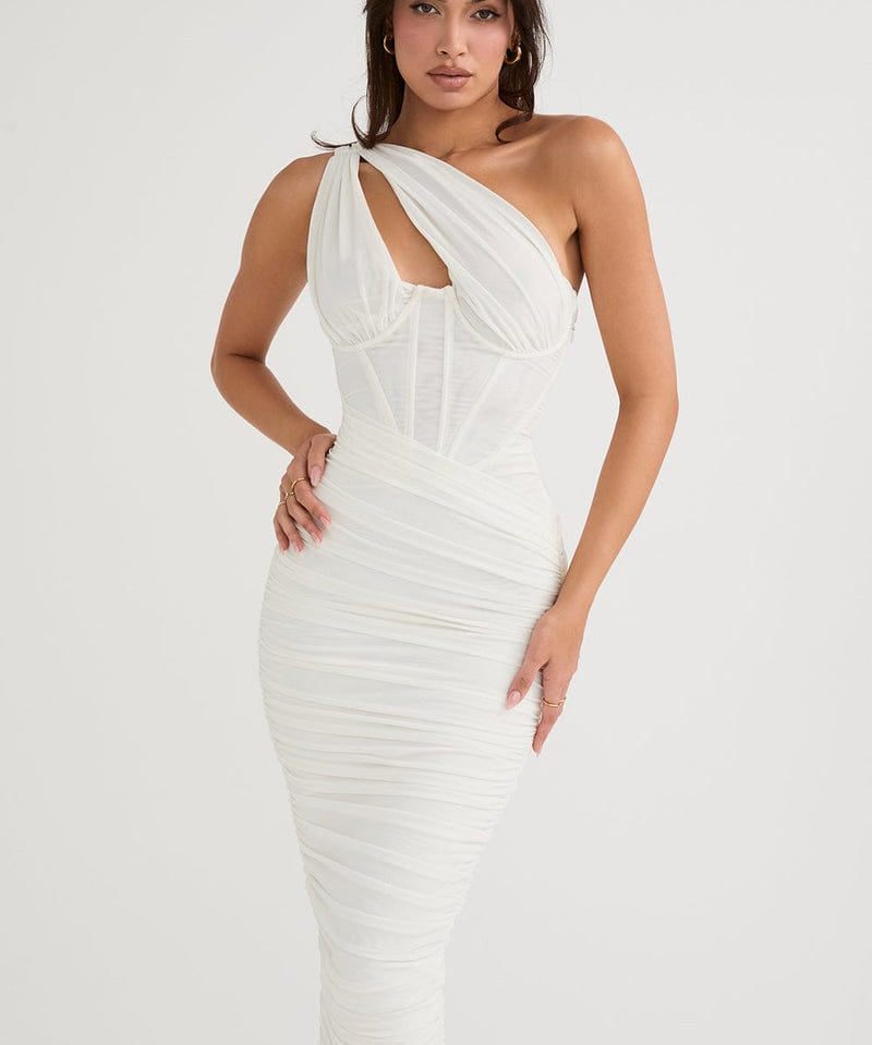 Modinzi Midi dress White / 6 (XS) Women’s One-Shoulder Ruched Midi Dress – Bodycon Evening Party Dress
