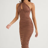 Modinzi Midi dress Women’s One-Shoulder Ruched Midi Dress – Bodycon Evening Party Dress