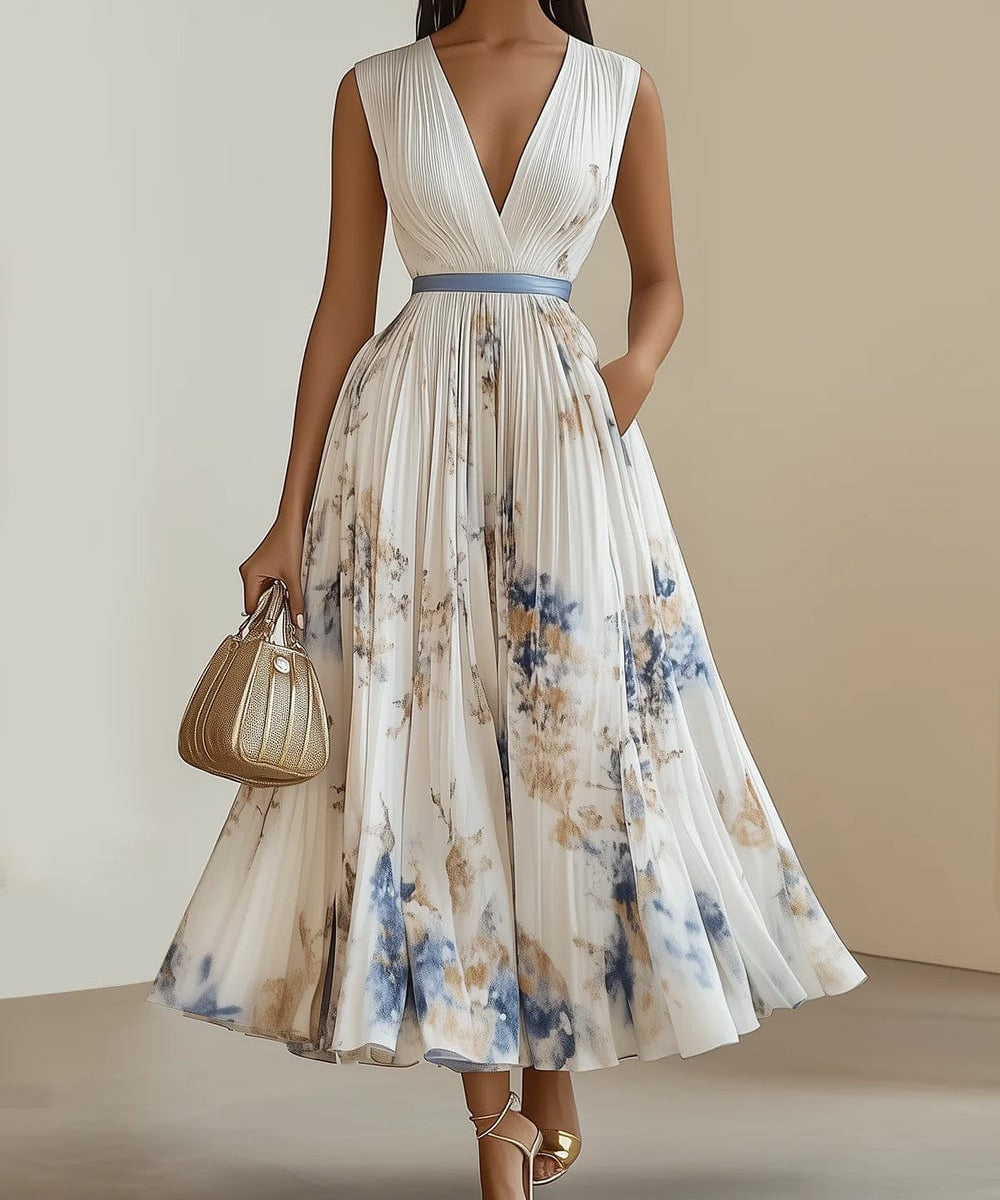 Modinzi Midi dress White Midi / 8 (S) Women’s Pleated Midi Dress – V-Neckline with Abstract Print and Satin Waist Tie