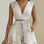 Modinzi Midi dress Women’s Pleated Midi Dress – V-Neckline with Abstract Print and Satin Waist Tie