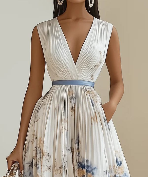 Modinzi Midi dress Women’s Pleated Midi Dress – V-Neckline with Abstract Print and Satin Waist Tie