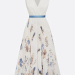 Modinzi Midi dress Women’s Pleated Midi Dress – V-Neckline with Abstract Print and Satin Waist Tie